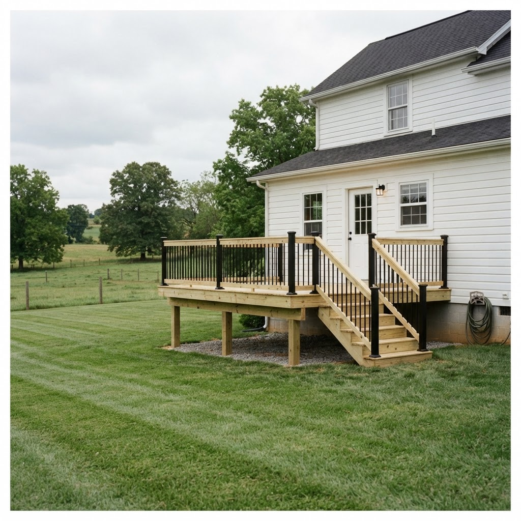 Newly built wooden deck with black aluminum railing on the back of a farmhouse
