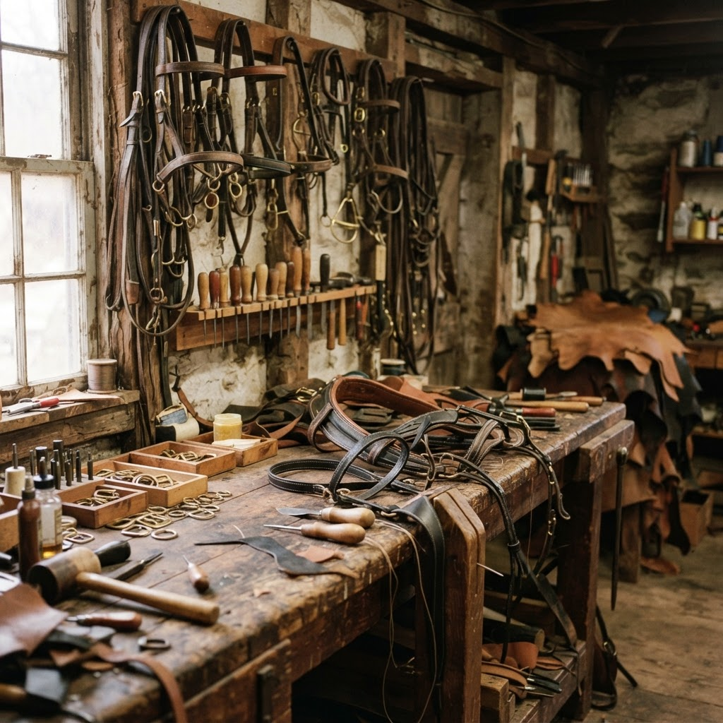 Hand stitched leather horse harness and bridles on a harness shop workbench