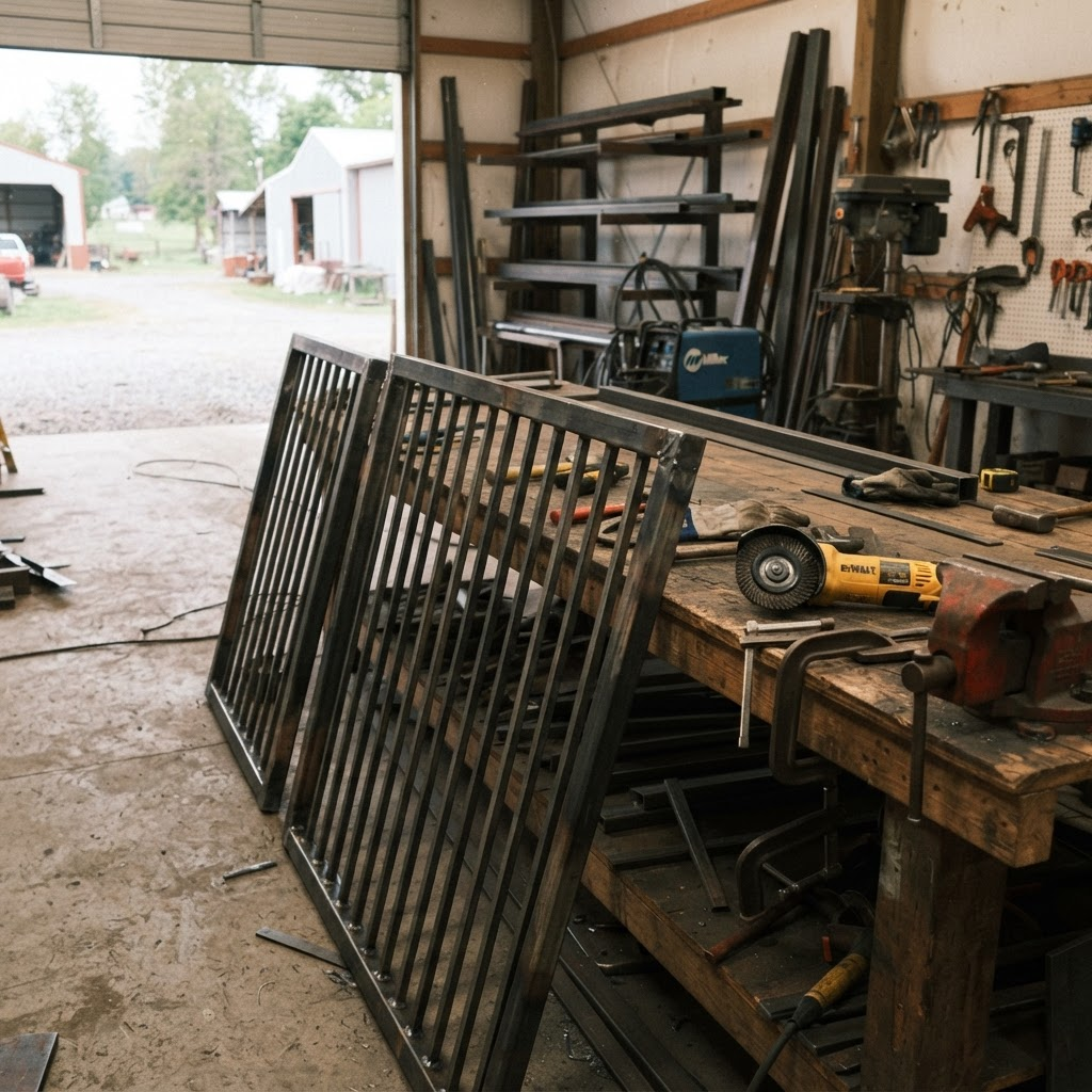 Welded steel porch railing sections with square balusters leaning against a workbench inside a rural fabrication shop