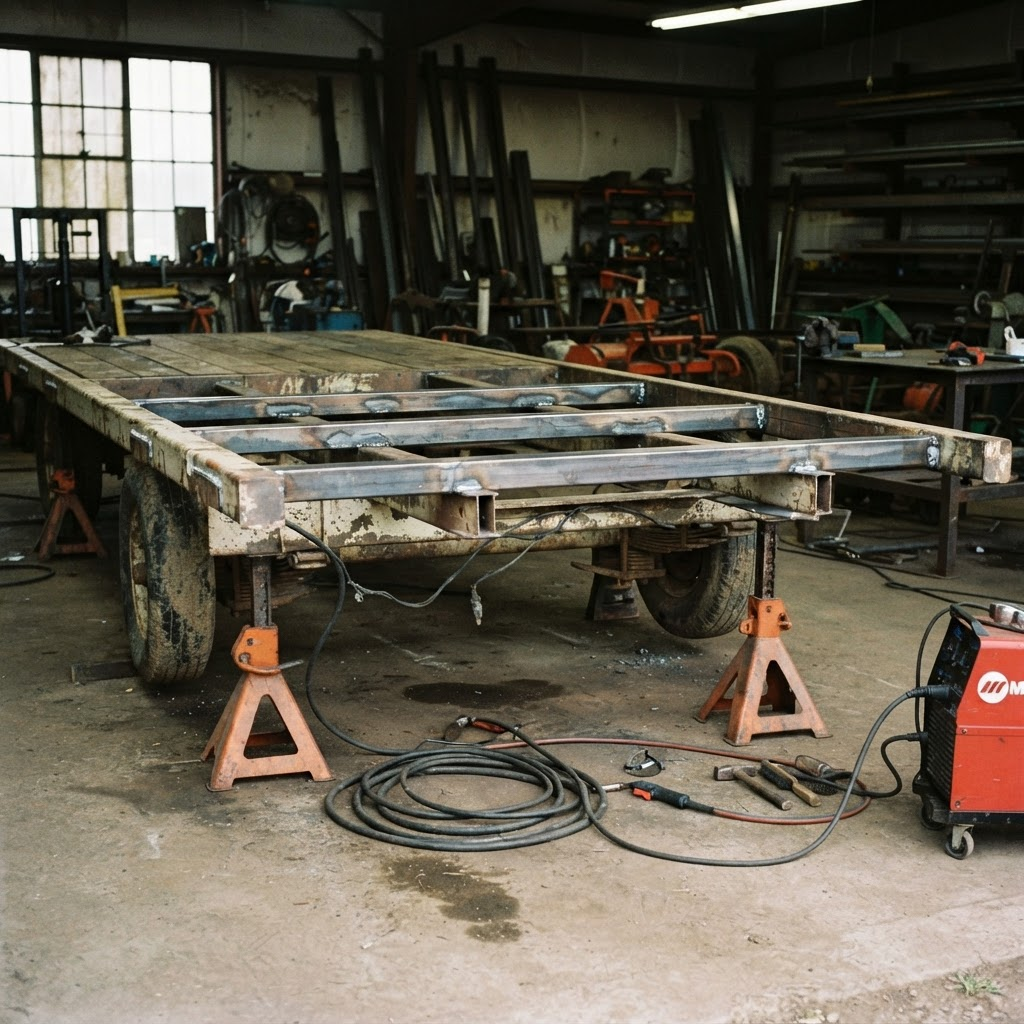 Flatbed farm trailer raised on jack stands with newly welded steel cross members inside a metal shop