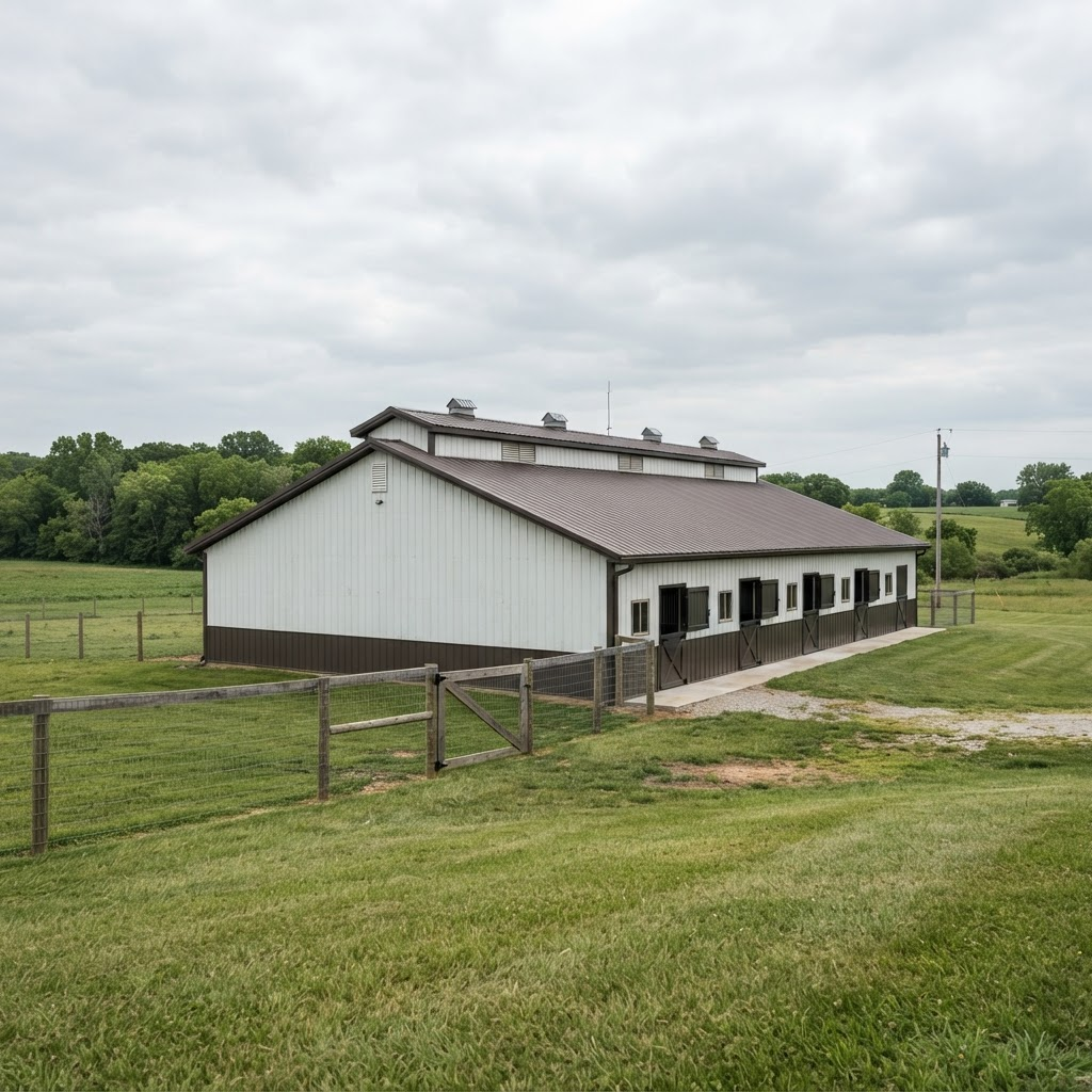 Post frame livestock barn with white steel siding, a brown monitor roof with ridge vents, and dutch doors along the side wall