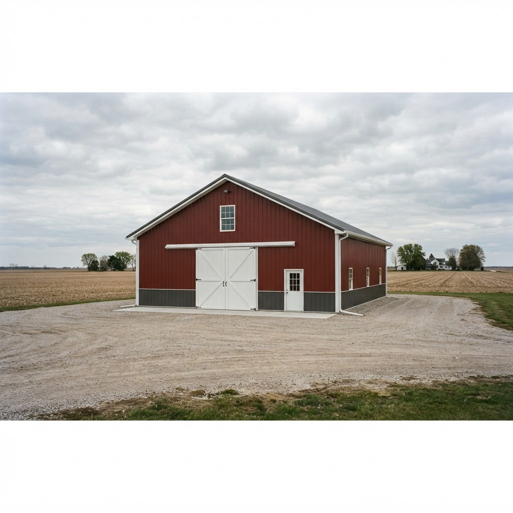 Large finished post frame farm shop with dark red steel siding, white trim, and a tall sliding door on the gable end