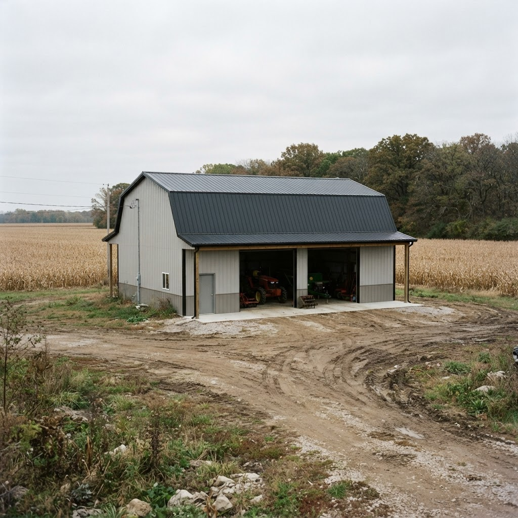 Tall post frame equipment building with light gray ribbed steel siding, a black gambrel metal roof, and two open bays