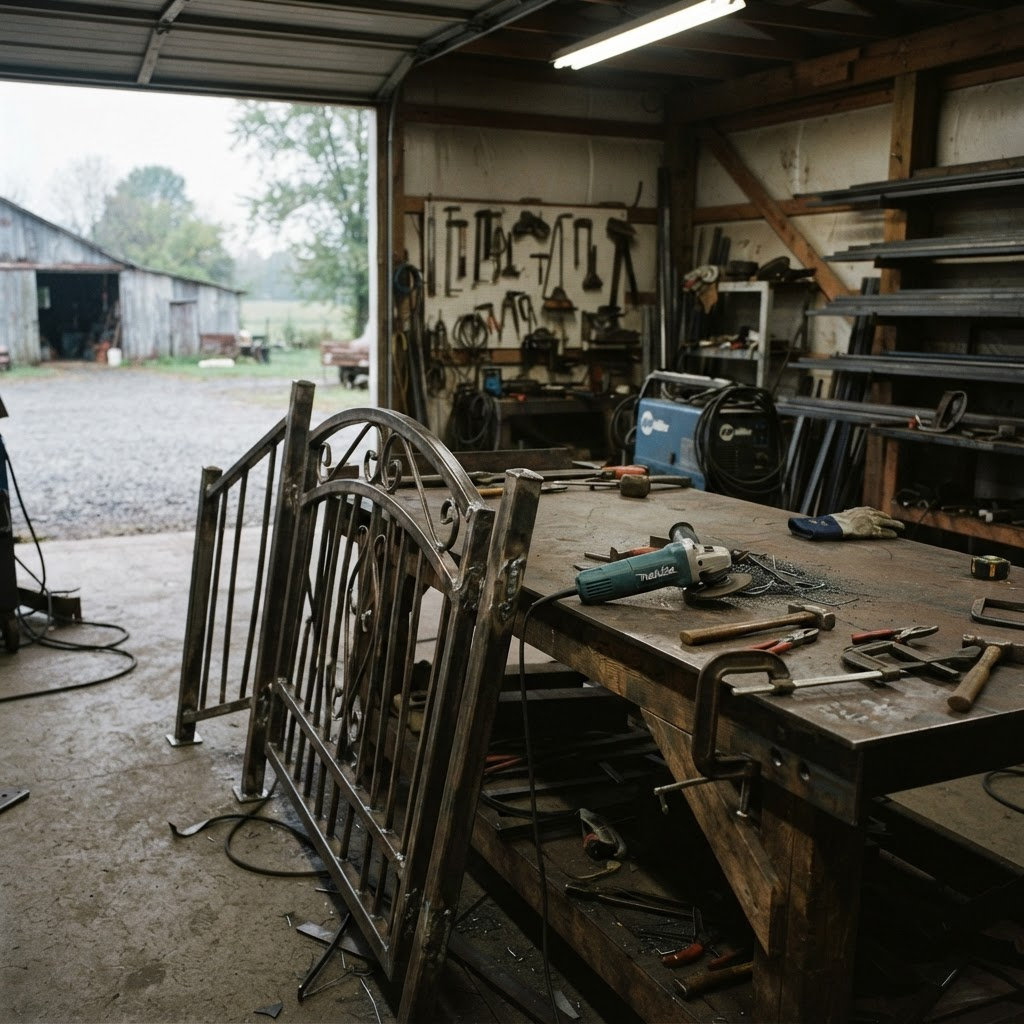 Welded steel gate and railing sections leaning against a workbench in a rural fabrication shop