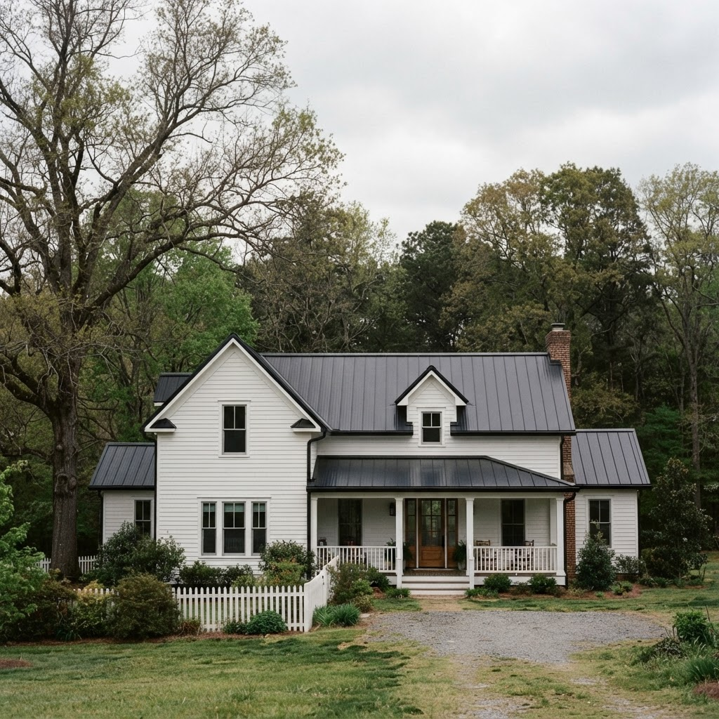 Charcoal standing seam metal roof newly installed on a white two story farmhouse