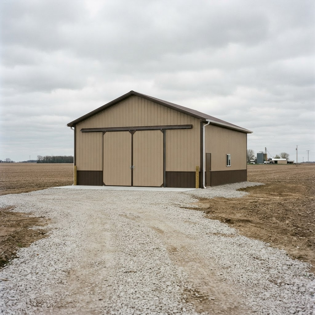Finished post frame pole building with tan steel siding and sliding doors on Indiana farmland