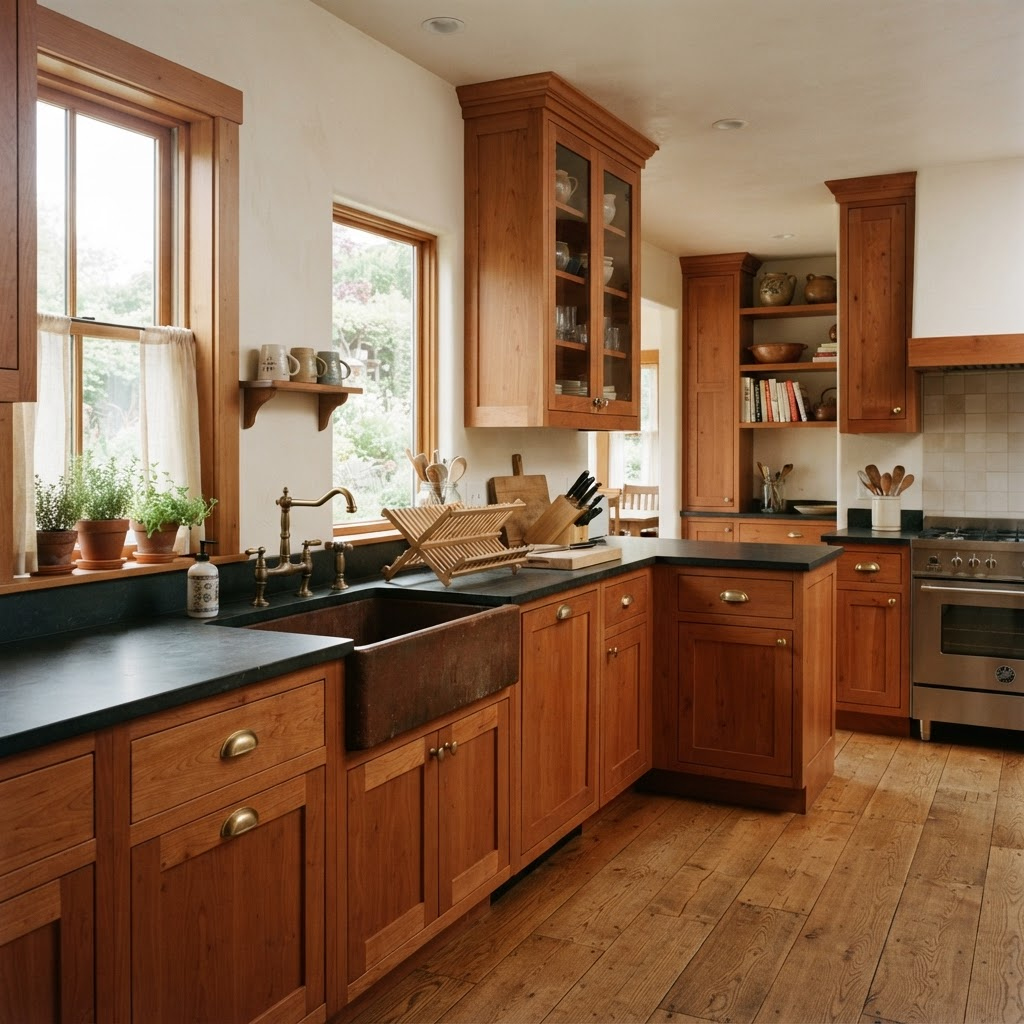 Finished handmade cherry kitchen with raised panel cabinet doors, brass cup pulls, and a soapstone counter in Wayne County, Indiana