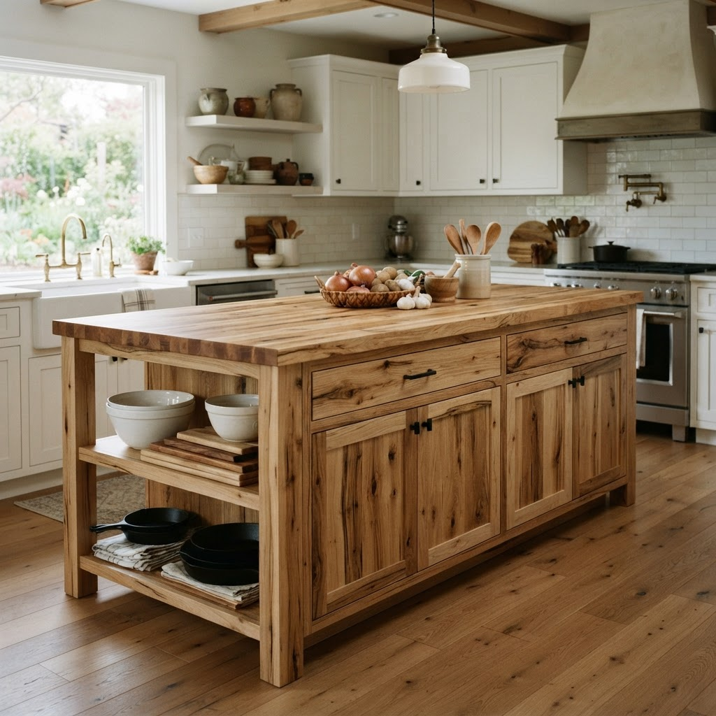 Large hickory kitchen island with flat panel doors, open end shelving, and a butcher block top in a farmhouse kitchen