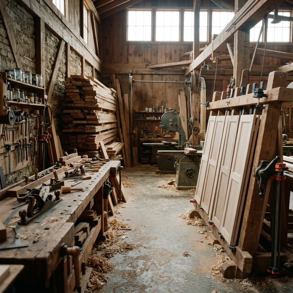 Interior of an Amish cabinet shop with cabinet doors clamped in a press, hand planes on a bench, and rough sawn lumber stacked along the wall