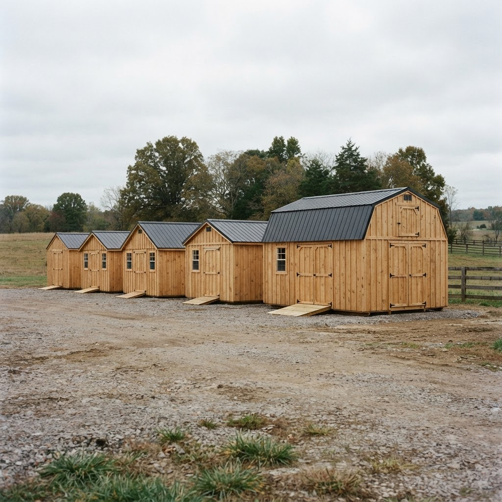 Row of newly built wooden storage sheds with dark metal roofs on a gravel lot