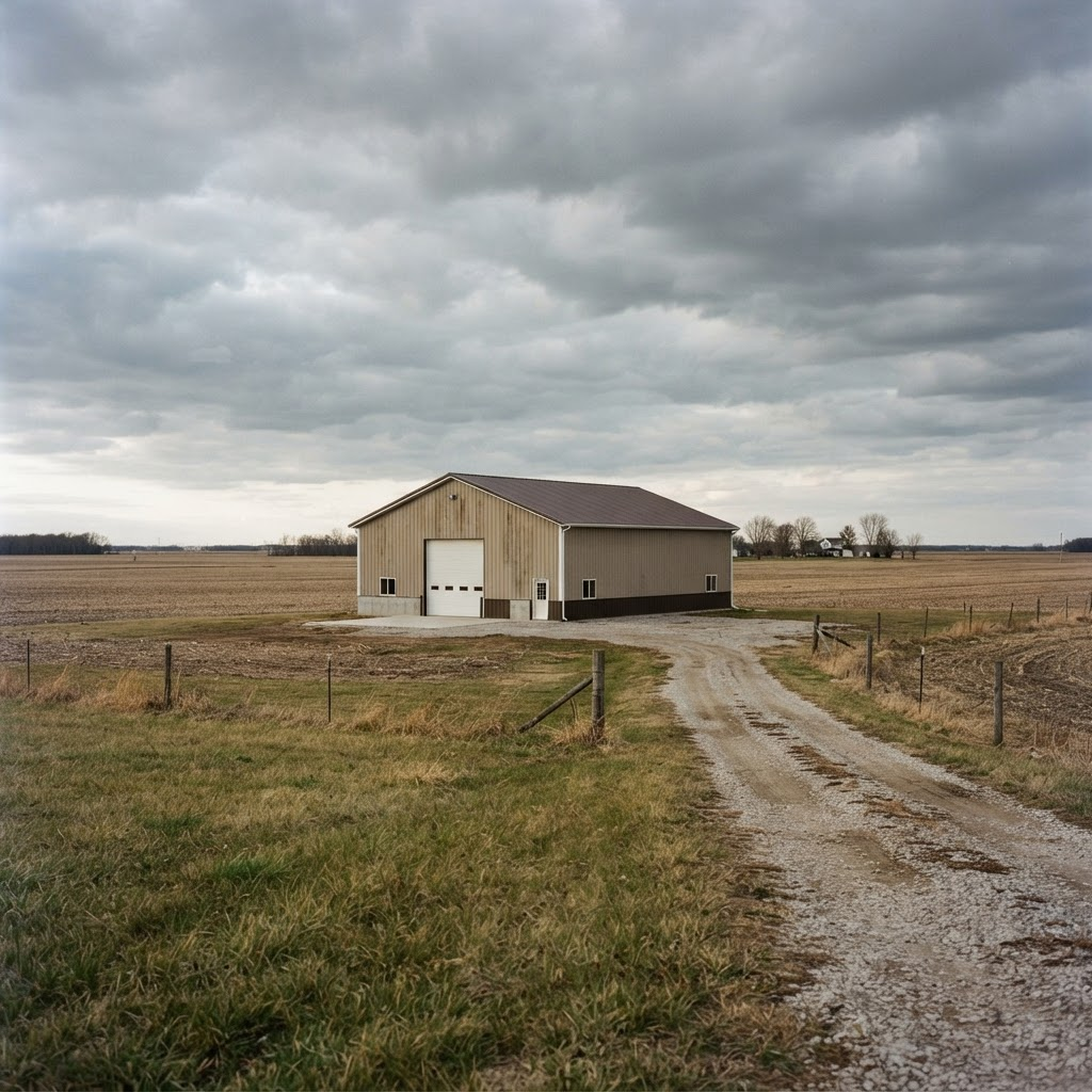 Large finished post frame pole building with tan steel siding and a dark brown metal roof standing in a flat open Indiana farm field under an overcast sky